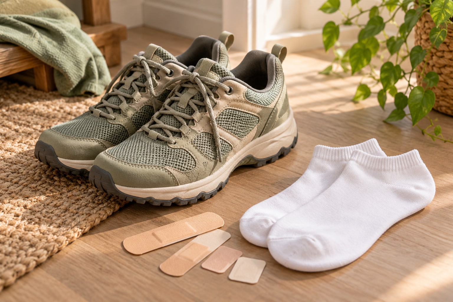 Des chaussures de marche, des chaussettes blanches et plusieurs pansements adhésifs posés sur une surface en bois.