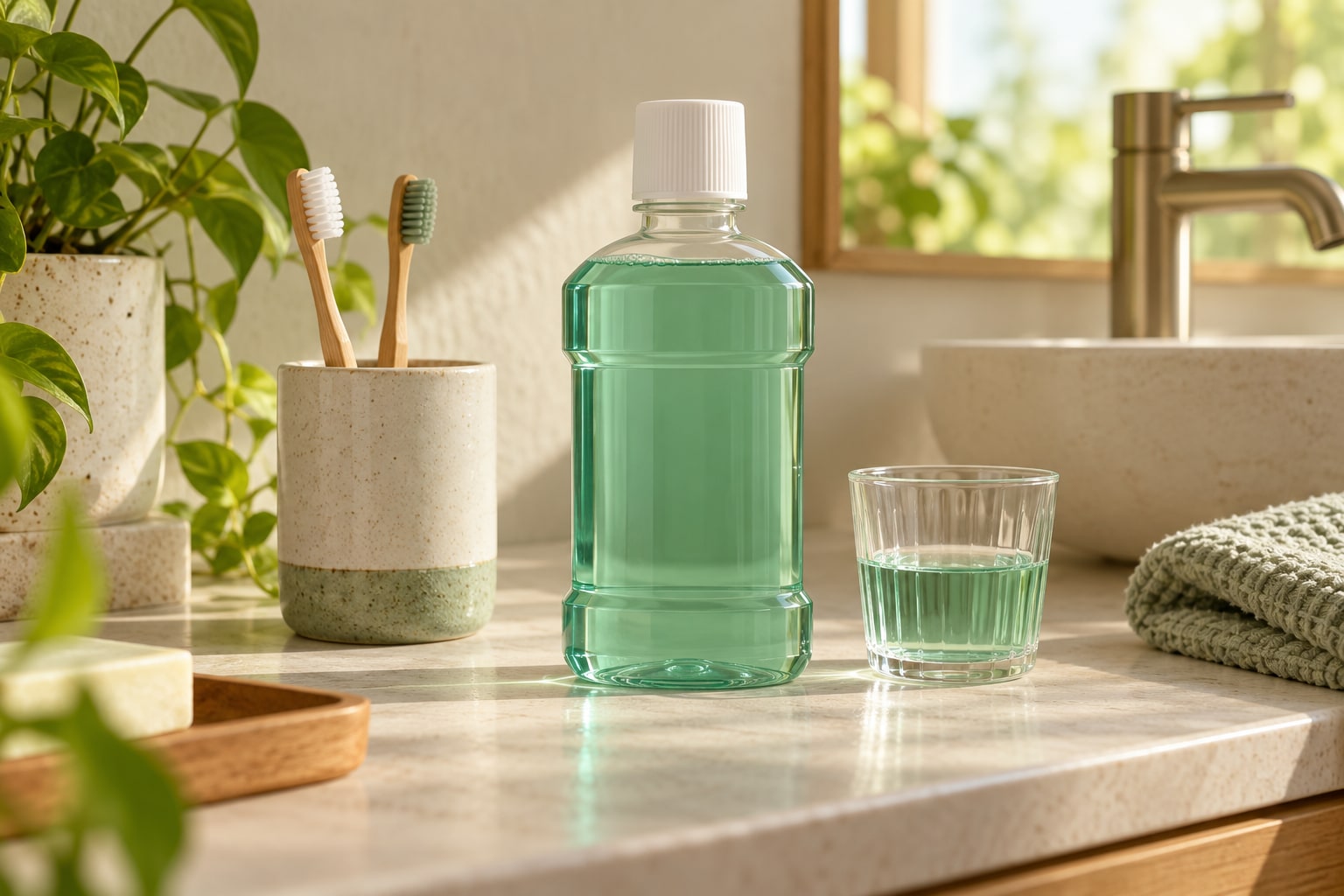 Flacon fermé sans inscription, verre de rinçage et deux brosses à dents sur un plan de salle de bains.
