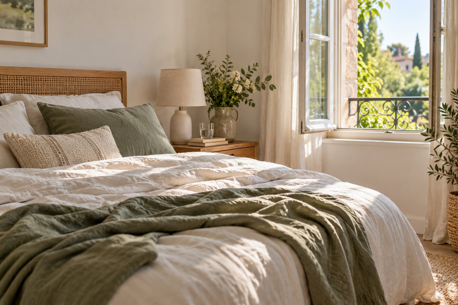 Chambre avec une couette claire et une fenêtre ouverte.
