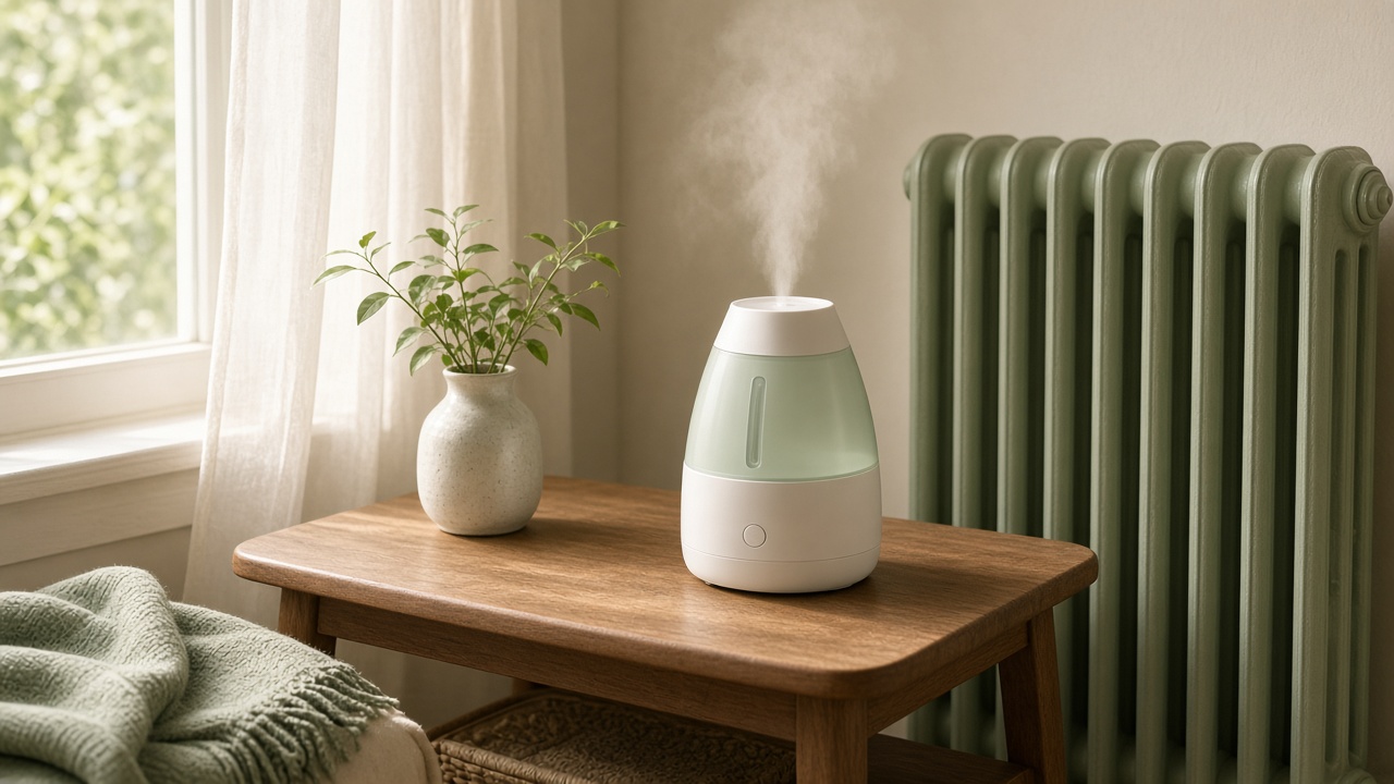 Un humidificateur posé sur une table basse près d’un radiateur, dans une pièce lumineuse aux tons clairs.