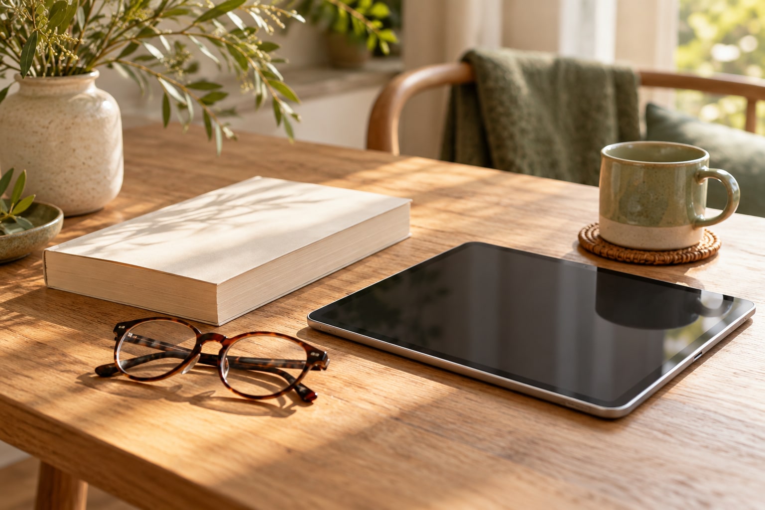 Lunettes de lecture pliées près d’une tablette sans affichage et d’un livre.