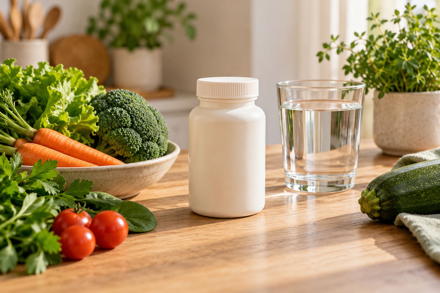 Flacon fermé sans marque près de légumes et d’un verre d’eau.