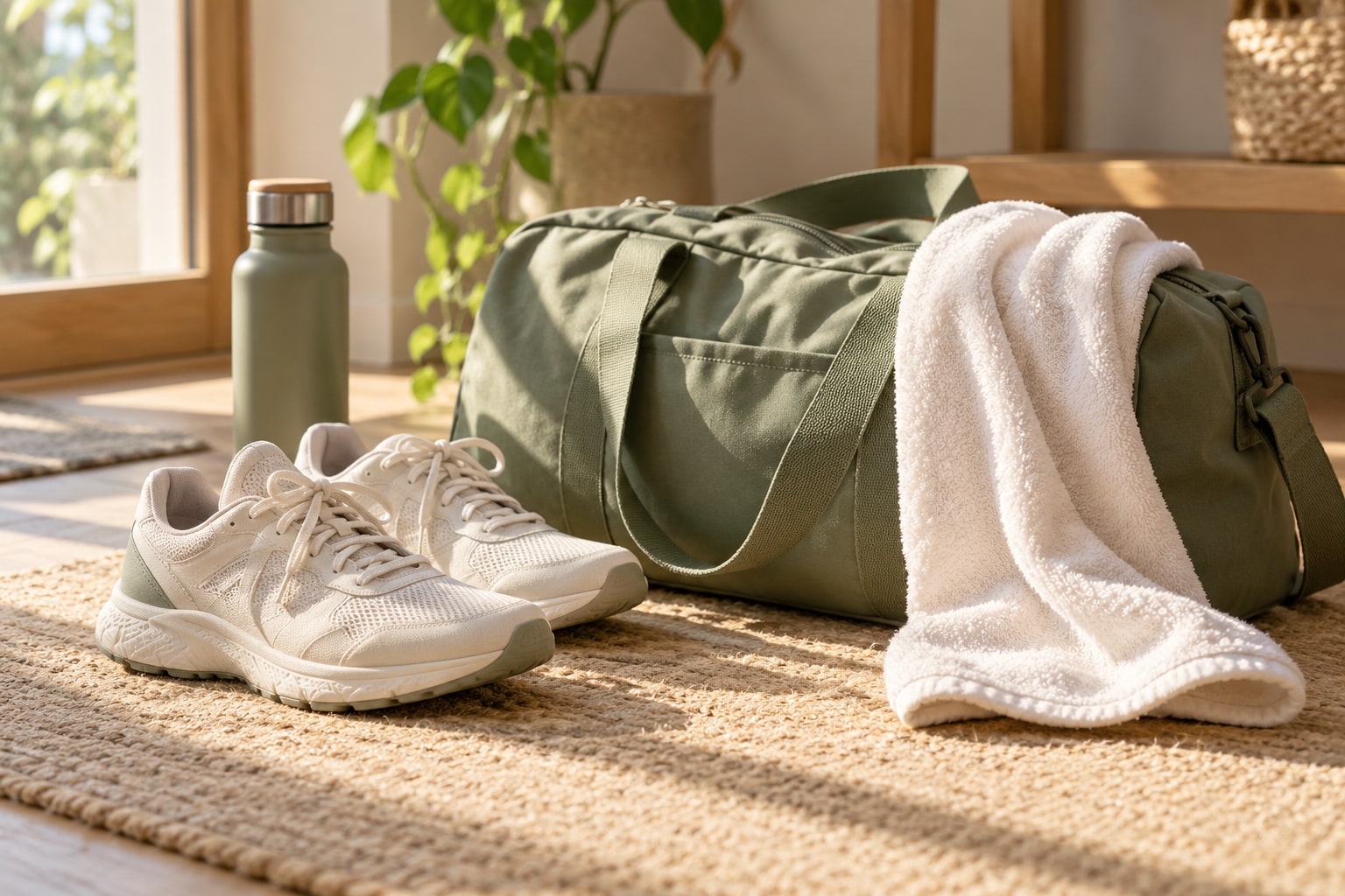 Des chaussures de sport légères et une serviette près d’un sac dans la lumière du matin.