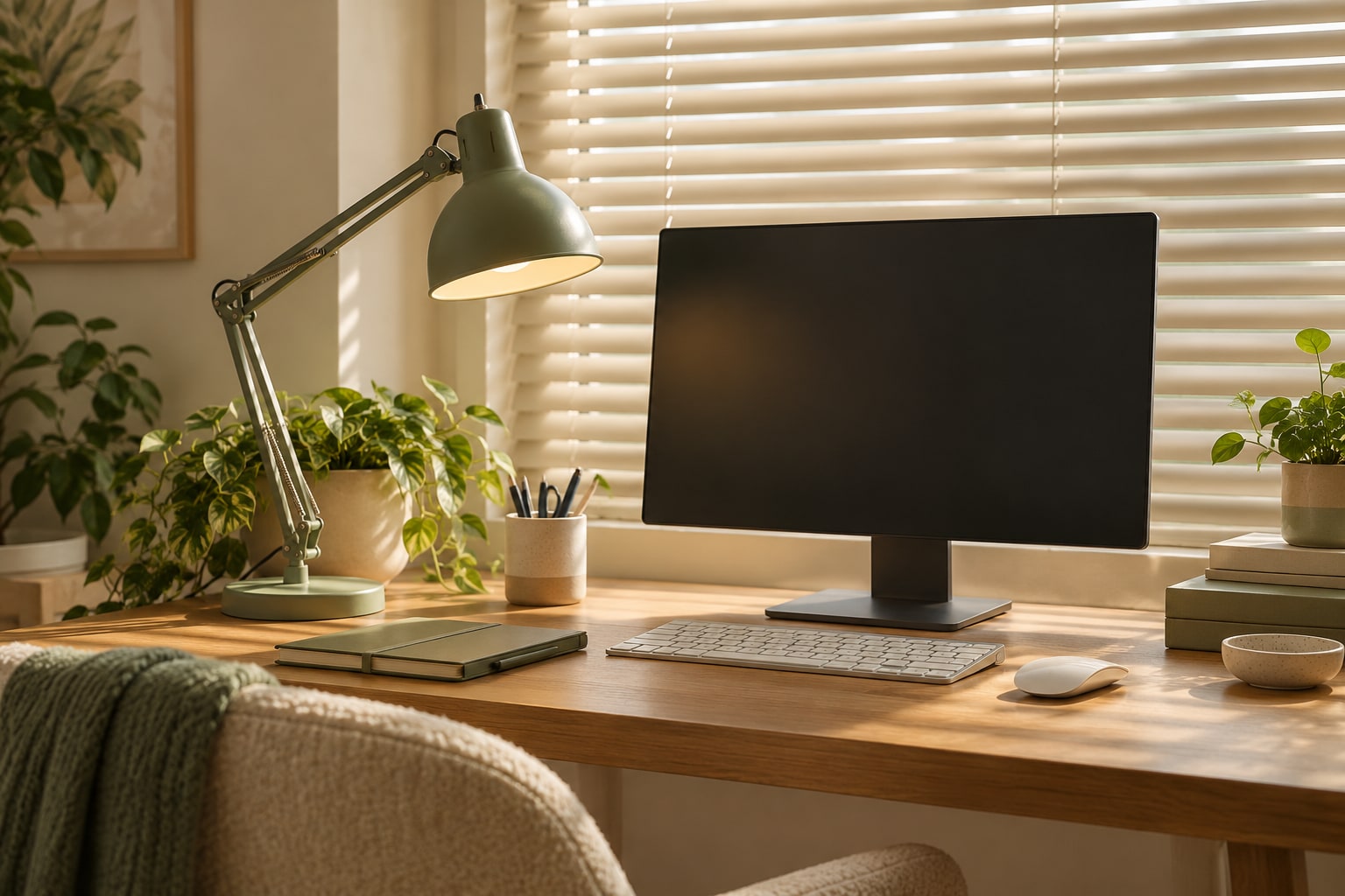Lampe orientable près d’un écran mat sans affichage et de stores fermés.
