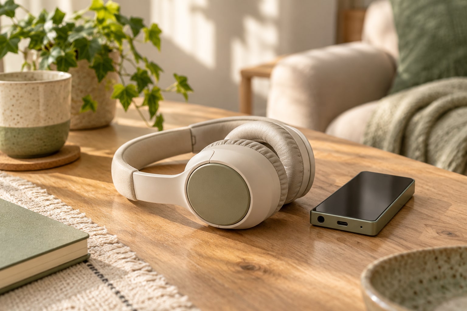 Un casque audio clair et un appareil portable à écran éteint sur une table.
