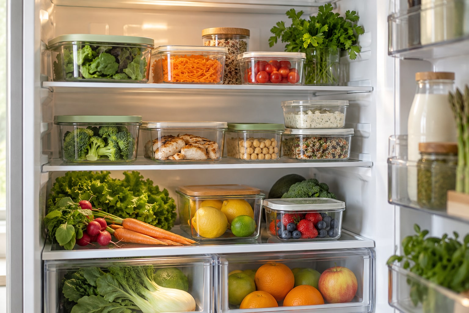 Réfrigérateur propre avec des aliments rangés dans des contenants fermés distincts.