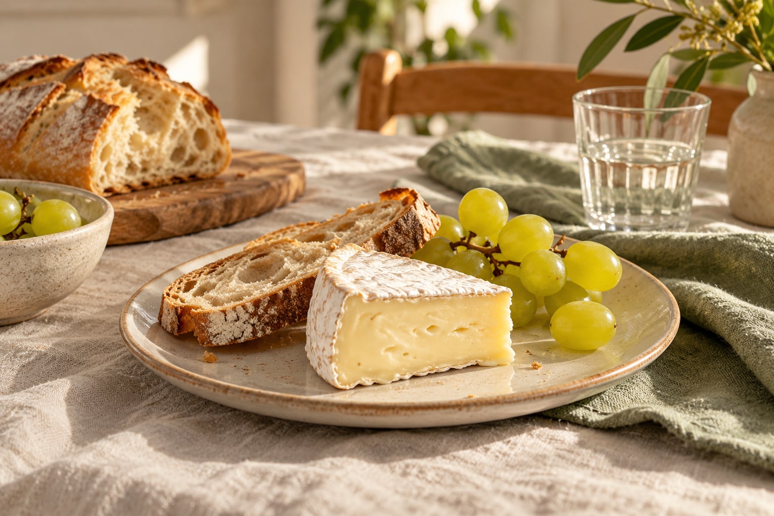 Petit morceau de fromage avec pain et raisins sur une assiette.