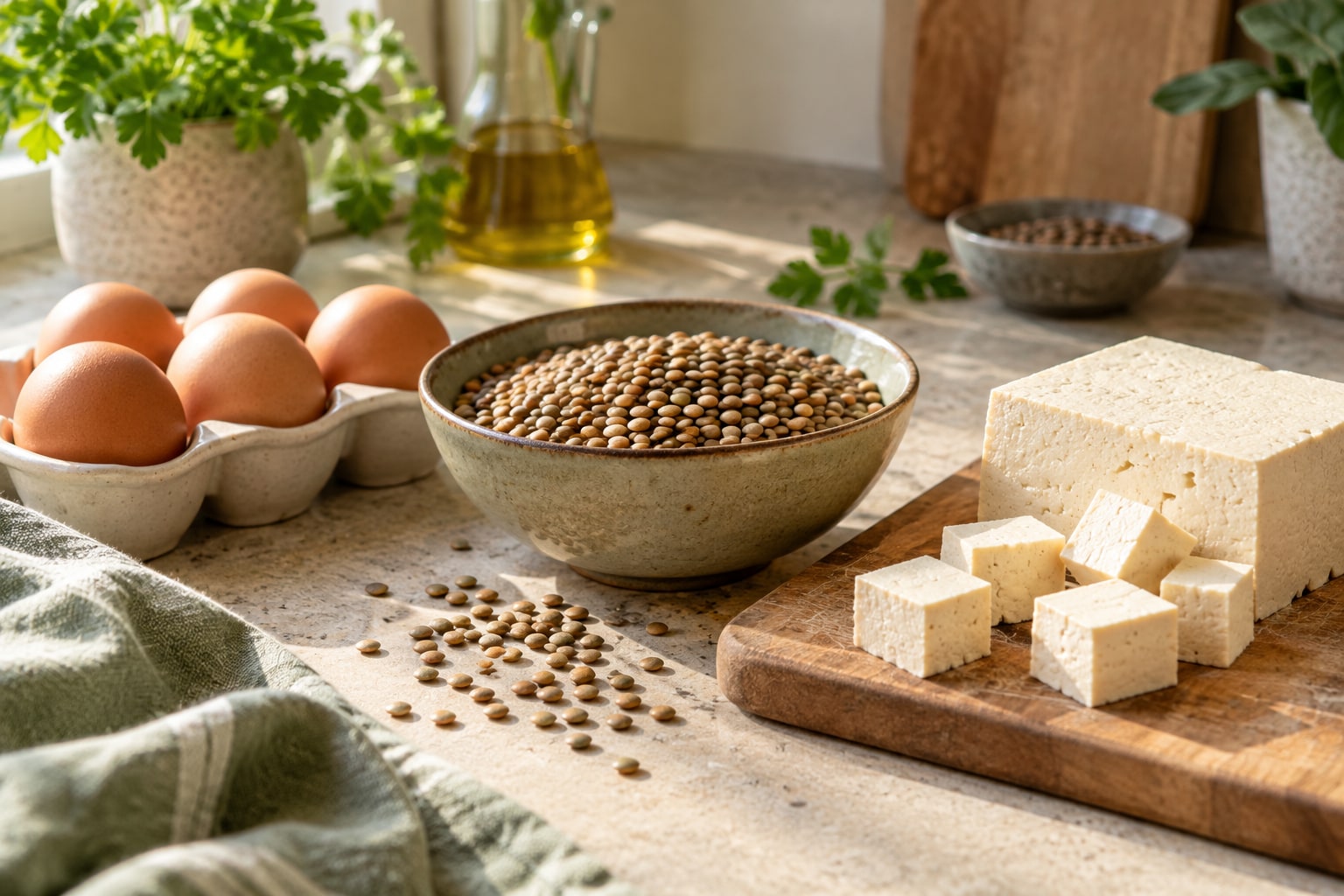 Œufs, lentilles et tofu présentés séparément sur un plan de cuisine.